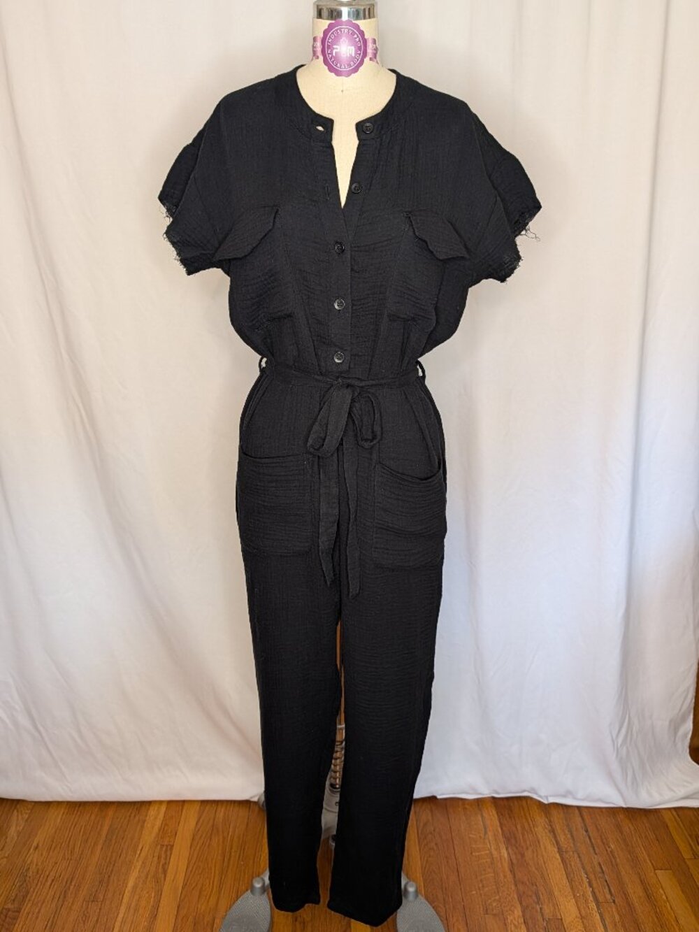 NWT Monrow Black Cotton Gauze Relaxed Utility Jumpsuit Size Small